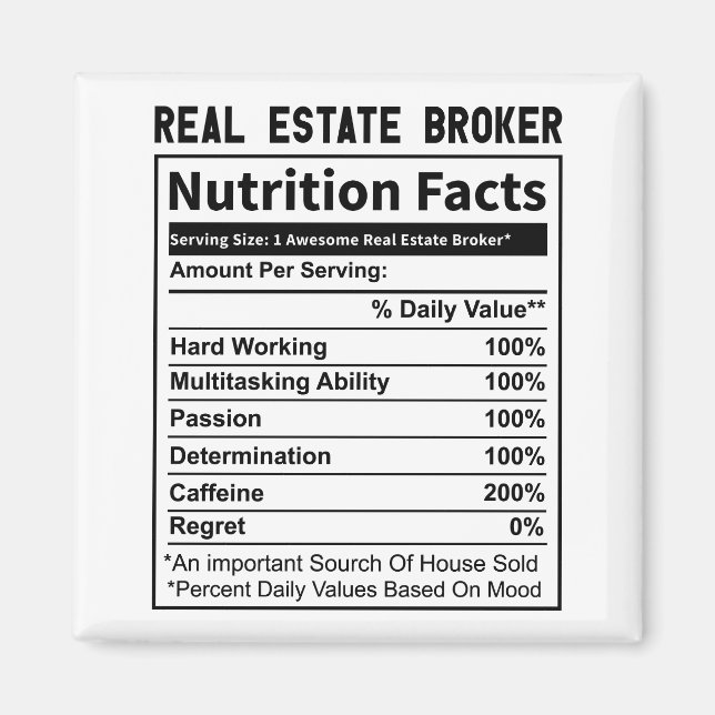 Funny Real Gods Broker Realtor Nutrition Facts Magnet (Framsidan)