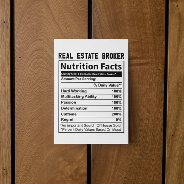Funny Real Gods Broker Realtor Nutrition Facts Vykort (funny real estate broker postcard)