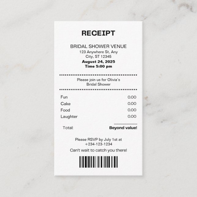 Funny, Receipt theme Bridal shower invitation Tilläggskort (Framsida)