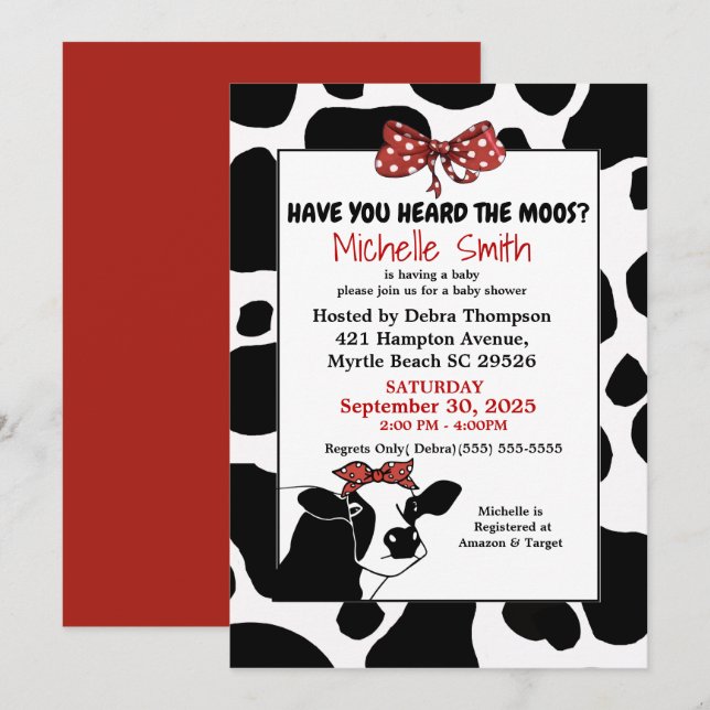 Funny Red and Cow Print Baby Shower-inbjudan Inbjudningar (Fram/baksida)