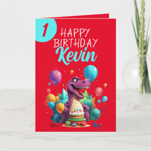 Funny Red and Teal Trex Boy 1st Birthday Kort
