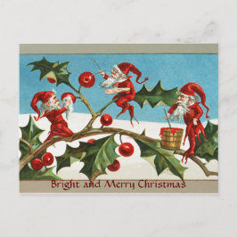 FUNNY RED CHRISTMAS ELVES,HOLLYBERRIES,MISTLETOES HELG VYKORT
