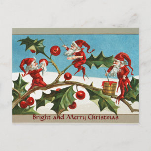 FUNNY RED CHRISTMAS ELVES,HOLLYBERRIES,MISTLETOES HELG VYKORT