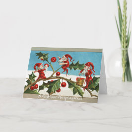 FUNNY RED CHRISTMAS ELVES,HOLLYBERRIES,MISTLETOES HELGKORT