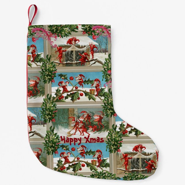 FUNNY RED CHRISTMAS ELVES,HOLLYBERRIES,MISTLETOES LITEN JULSTRUMPA (Framsidan)