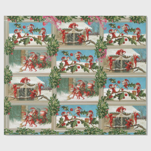 FUNNY RED CHRISTMAS ELVES,HOLLYBERRIES,MISTLETOES PRESENTPAPPER