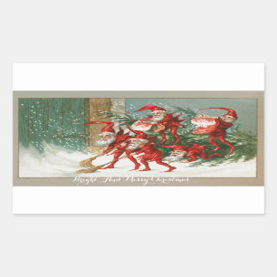 FUNNY RED CHRISTMAS ELVES SWEEPING I SNÖ REKTANGULÄRT KLISTERMÄRKE