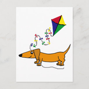 Funny Red Dachshund Flies Kite Tecknad Vykort
