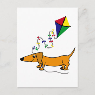 Funny Red Dachshund Flies Kite Tecknad Vykort
