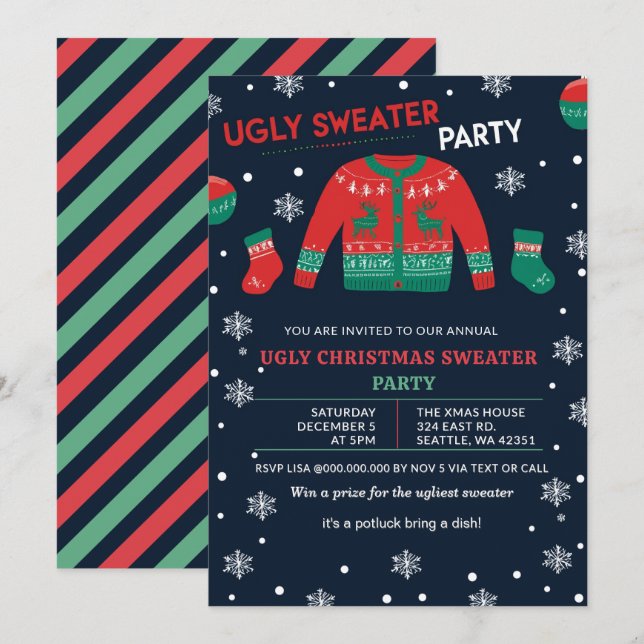 Funny Red Green Ugly Christmas Sweater Party Inbjudningar (Fram/baksida)
