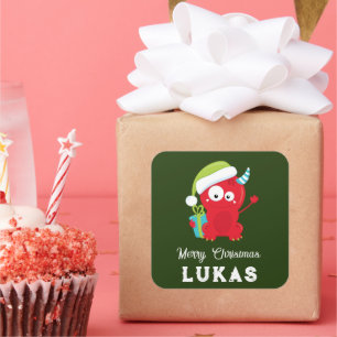 Funny Red jul Monster Kids Helgdag Fyrkantigt Klistermärke