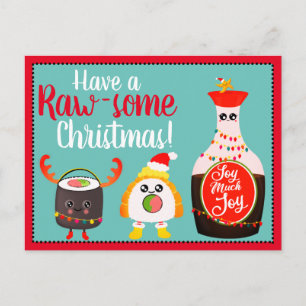 Funny Red Kawaii Sushi Food Pun God jul Vykort
