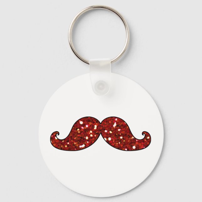 FUNNY RED MUSTACHE TRINTED GLITTER NYCKELRING (Framsida)