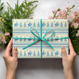 Funny Reindeer Christmas Tree Snow Blue Pattern Presentpapper