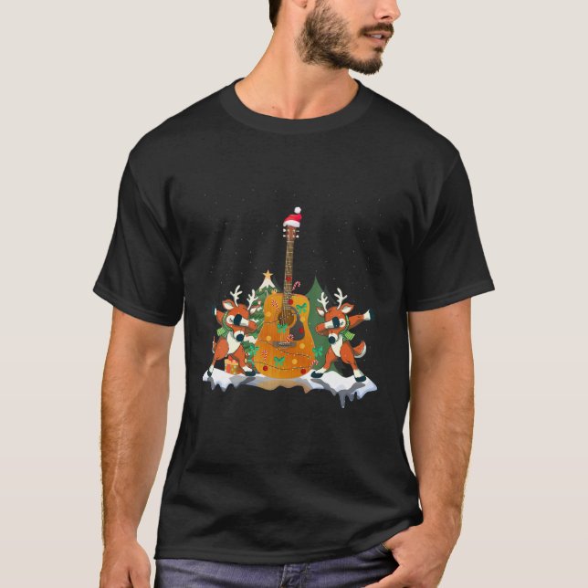 Funny Reindeer Dabbing Julafton Guitar jul T Shirt (Framsida)
