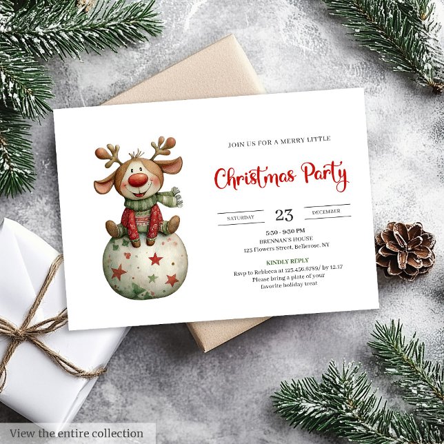 Funny Reindeer festive watercolor holiday invites Inbjudningar (Funny Reindeer festive watercolor holiday invitation)