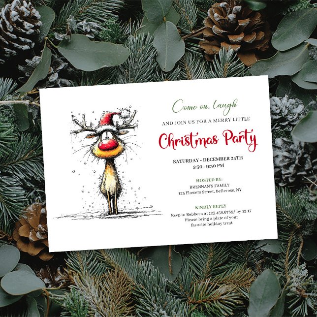 Funny Reindeer Hand Drawn Holiday Party Card Inbjudningar (Funny Reindeer Hand Drawn Holiday Party Card)