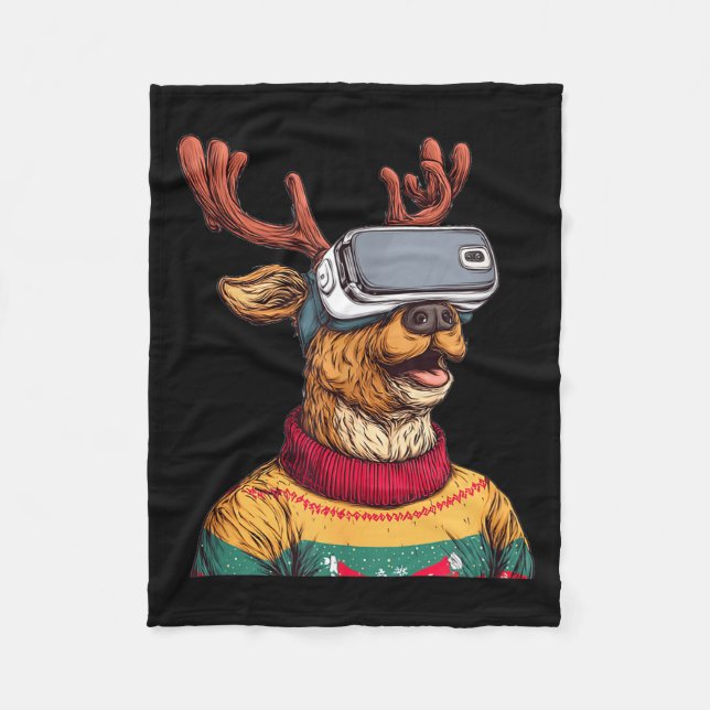 Funny Reindeer In Christmas Sweater And Vr Headset Fleecefilt (Framsidan)