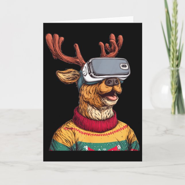 Funny Reindeer In Christmas Sweater And Vr Headset Kort (Framsida)
