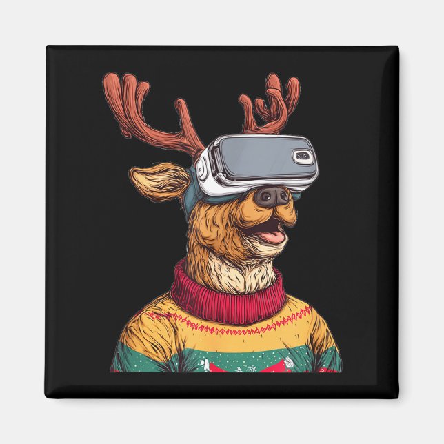 Funny Reindeer In Christmas Sweater And Vr Headset Magnet (Framsidan)