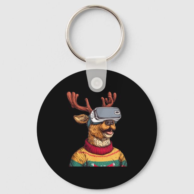 Funny Reindeer In Christmas Sweater And Vr Headset Nyckelring (Framsida)