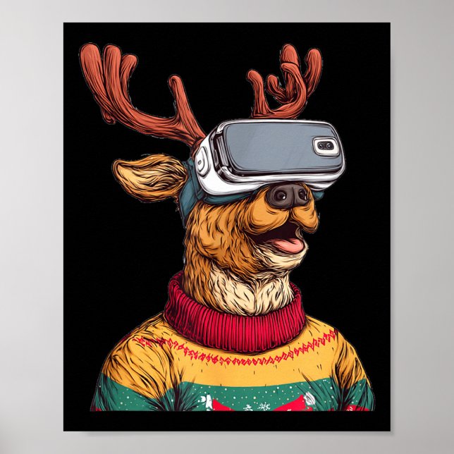 Funny Reindeer In Christmas Sweater And Vr Headset Poster (Framsidan)