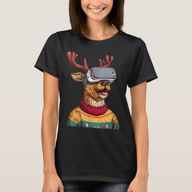 Funny Reindeer In Christmas Sweater And Vr Headset T Shirt (Framsida)