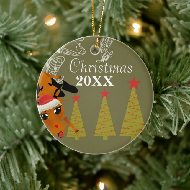 Funny Reindeer jul Par Photo Ornament (Träd)