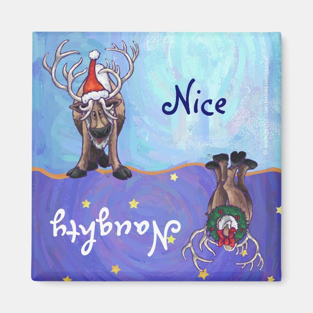 Funny Reindeer Naughty Nice Helgdag Magnet (Framsidan)