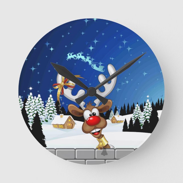 Funny Reindeer Peeking Christmas Meme  Rund Klocka (Framsida)