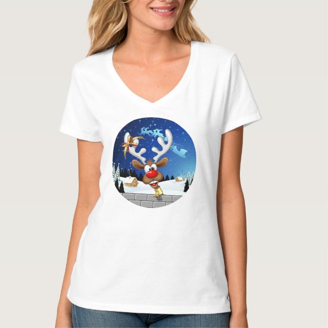 Funny Reindeer Peeking Christmas Meme  T Shirt (Framsida)