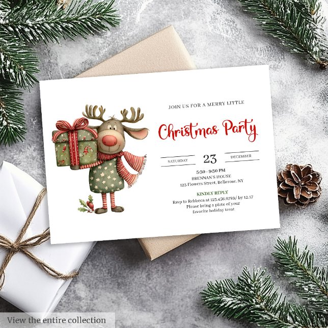 Funny Reindeer red green printable Christmas  Inbjudningar (Funny Reindeer red green printable Christmas invite)