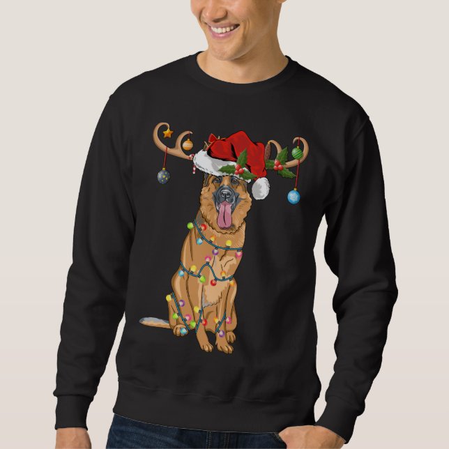 Funny Reindeer Santa Hat German Shepherd jul jul Lång Ärmad Tröja (Framsida)