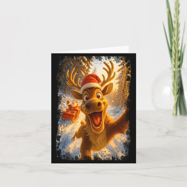 Funny Reindeer Selfie Santa Merry Christmas Men Wo Kort (Framsida)