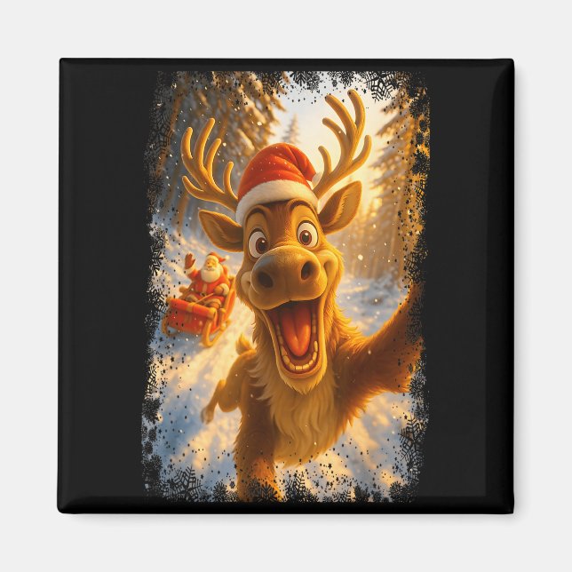 Funny Reindeer Selfie Santa Merry Christmas Men Wo Magnet (Framsidan)