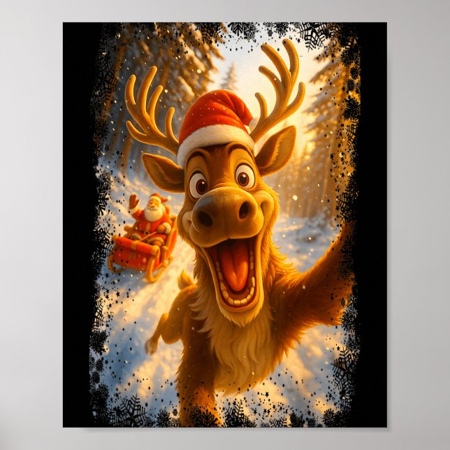 Funny Reindeer Selfie Santa Merry Christmas Men Wo Poster (Framsidan)