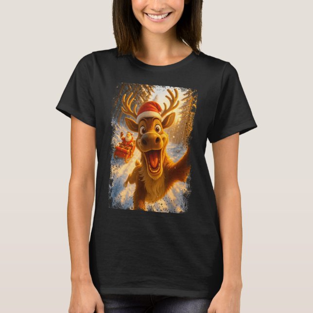 Funny Reindeer Selfie Santa Merry Christmas Men Wo T Shirt (Framsida)
