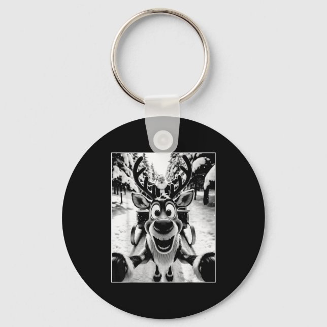Funny Reindeer Selfie Santa Sleigh Christmas Holid Nyckelring (Framsida)