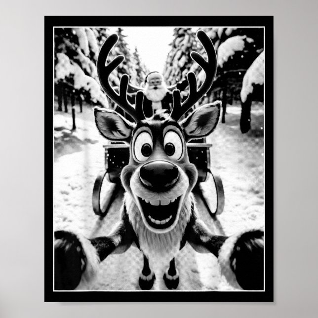 Funny Reindeer Selfie Santa Sleigh Christmas Holid Poster (Framsidan)
