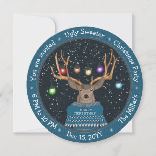 Funny Reindeer Tangled Ljus Blue Ugly Sweater Inbjudningar