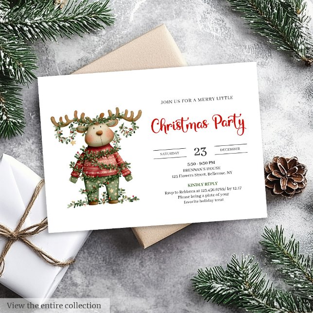 Funny Reindeer watercolor red green holiday invite Inbjudningar (Funny Reindeer watercolor red green holiday invite)