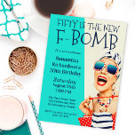 Funny Retro 50:e födelsedagen F-Bomb Inbjudningar<br><div class="desc">Den här designen är unik 50:e Födelsedagsfest inbjudan för dam och har en upprörande snyggt kvinna i stripade solglasögon och hårturban med en polkpunktspåse och stripad handduk. Humor utförs i den feta texttiteln "FEMTIGARE ÄR DEN NYA F-BOMB". Retro-färg-schemat med akvakat, beige, marin och rött bidrar till roligten av denna konstruktion....</div>