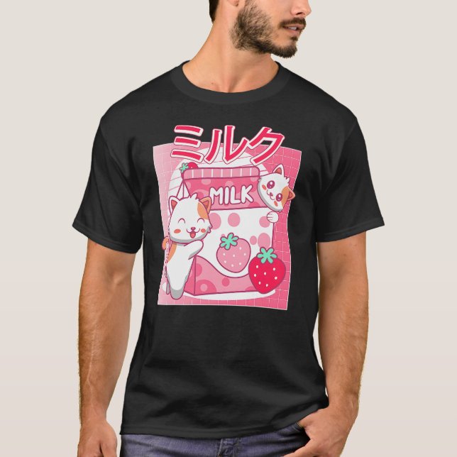 Funny Retro 90s Kawaii Cat Strawberry Milk Japanes T Shirt (Framsida)