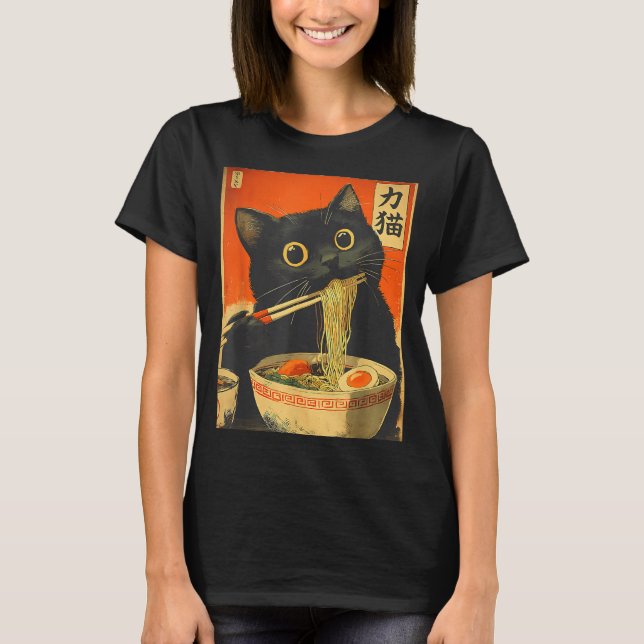Funny Retro Anime Cat Ramen Japanese Cat Graphic A T Shirt (Framsida)