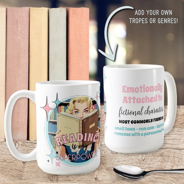 Funny Retro Bok Älskare Quote Gift Mugg för hennes (Fun and unique book lovers gift ideas for her with vintage retro bookish quote saying tropes genres)