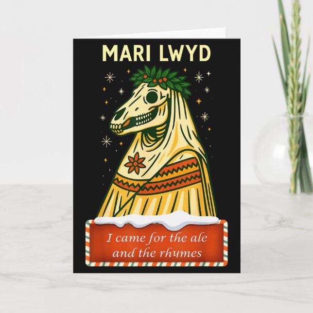 Funny Retro Folklore Skeleton Horse Mari Lwyd Yule Kort (Framsida)