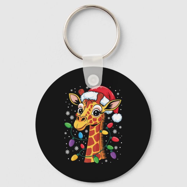 Funny Retro Giraffe Lover Santa Hat Christmas Ligh Nyckelring (Framsida)