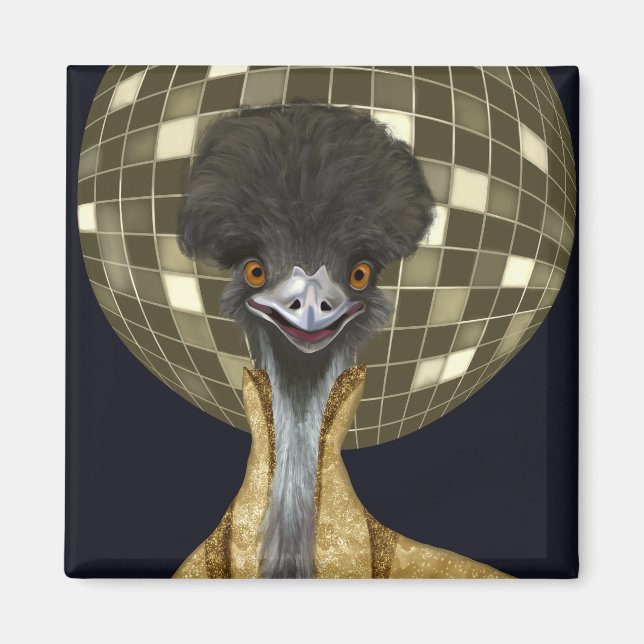 Funny Retro Golden Disco Boll Emu Bird Magnet (Framsidan)