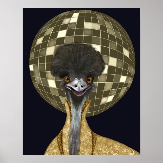 Funny Retro Golden Disco Boll Emu Bird Poster (Framsidan)
