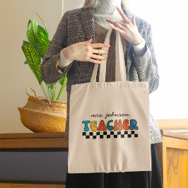 Funny Retro Groovy & Checkered Teacher Tygkasse